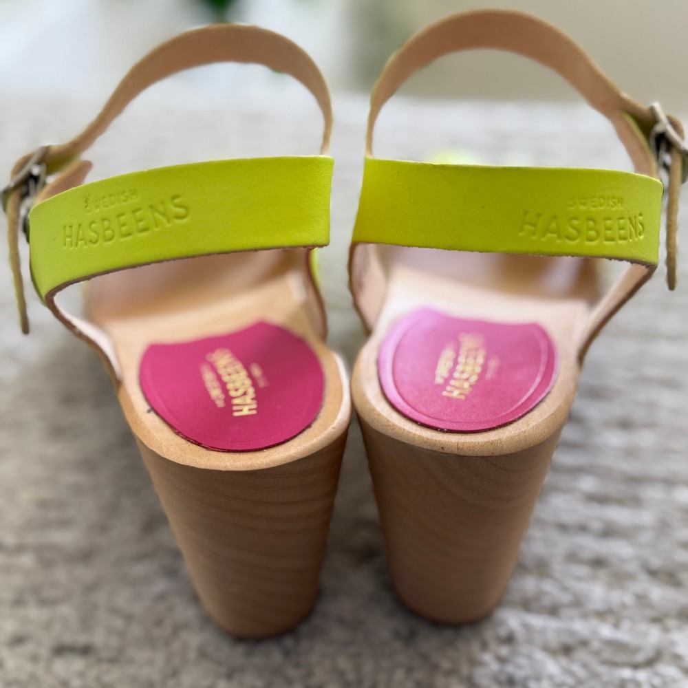 NEW SWEDISH HASBEENS KRINGLAN NEON Yellow Leather Platform Clog Sandals Women 9 - Picture 7 of 13
